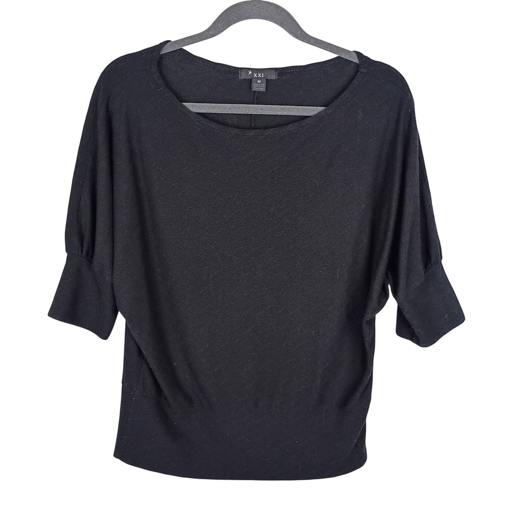 XXI Forever 21 Black Dolman Sleeve Knit Top Boat Neck Women Medium Made in USA